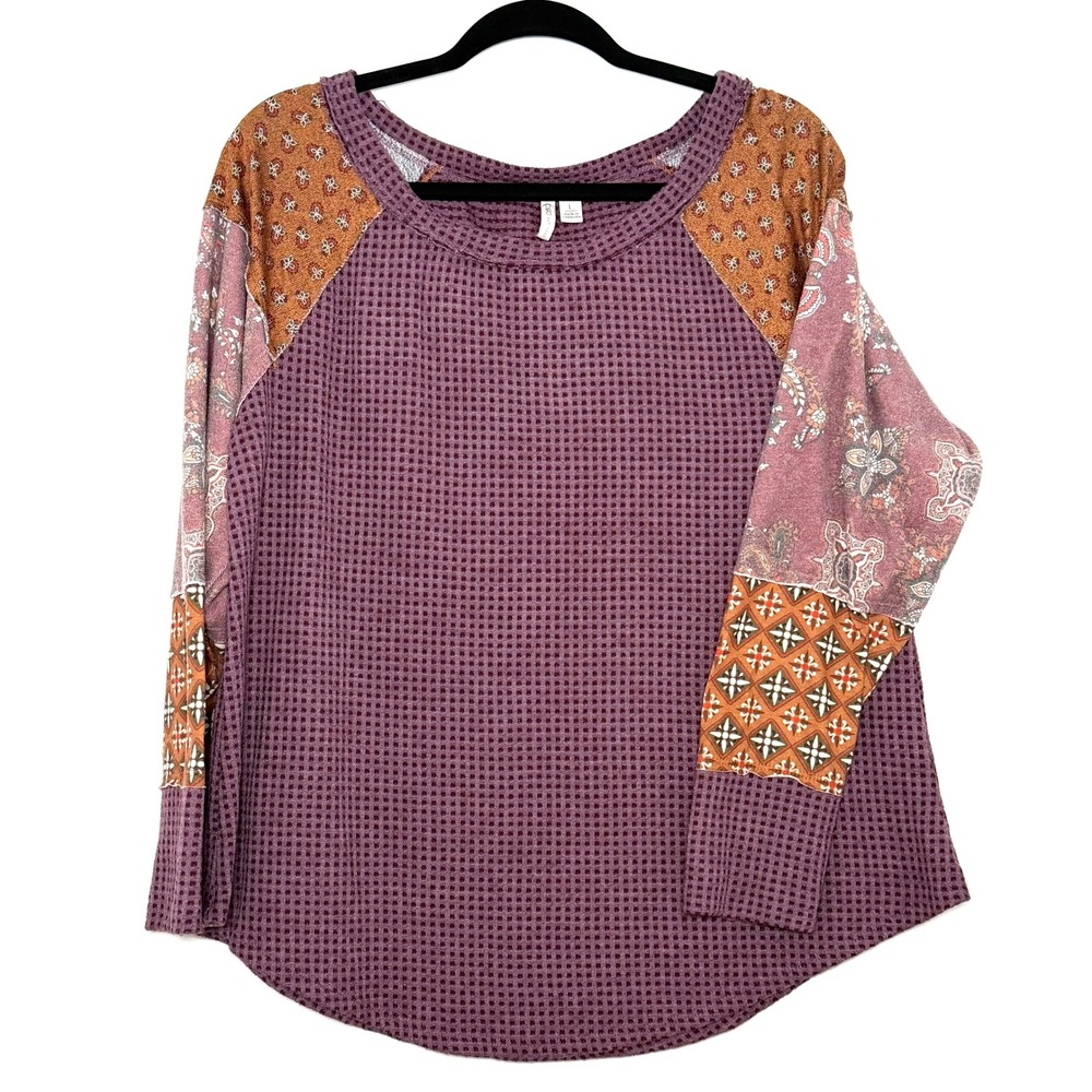 Cato Women's L Plum Waffle Knit Patchwork Boho Long Sleeve Top